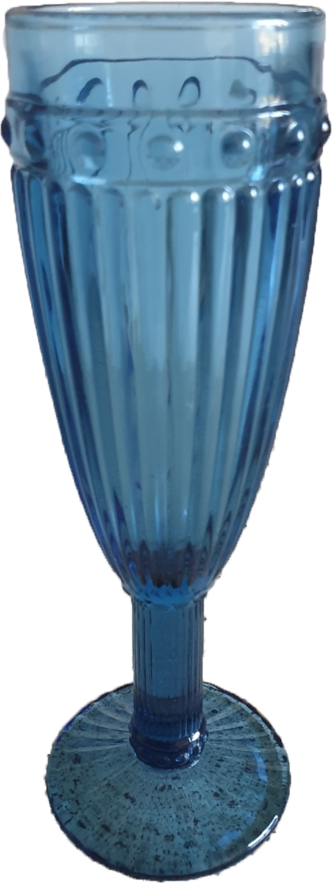A blue glass cup decorated with a fancy ribbed and dotted pattern.